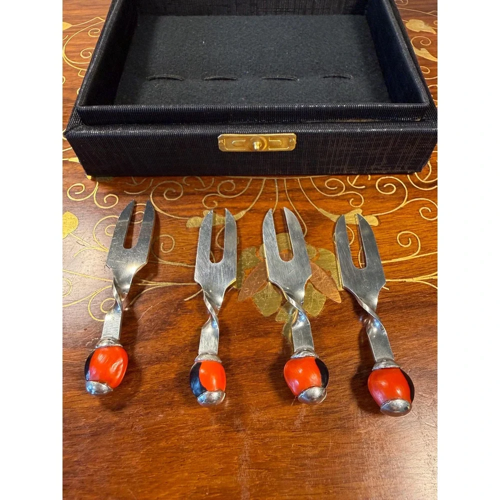 Vintage Rafaella Pitti Huayruro Seed Cocktail Forks Set w/ Box Bolivia